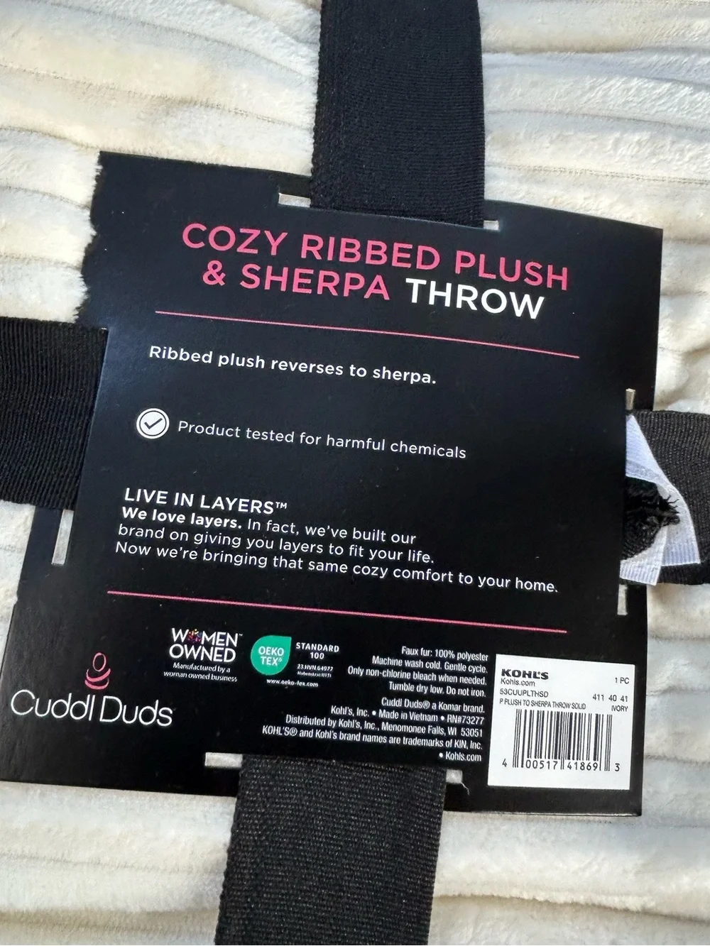 Cuddl Duds Cozy Ribbed Plush Sherpa Throw Blanket Reversible Ivory 50x60 New